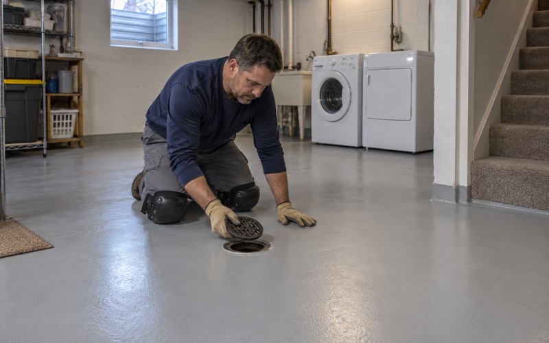 A coated basement floor in a Brookfield home cut cleanly to the rim of its floor drain.