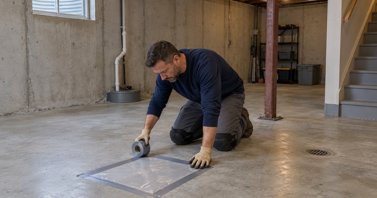 A clear plastic sheet taped flat to a bare Brookfield basement slab to see whether moisture is coming up before any coating is chosen.
