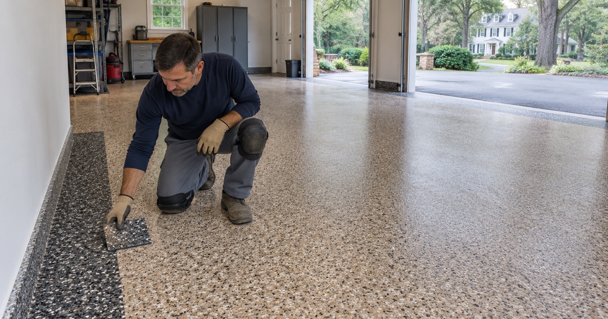 A contrasting flake border laid around a cured garage floor in Brookfield, its installer checking where the two blends meet.