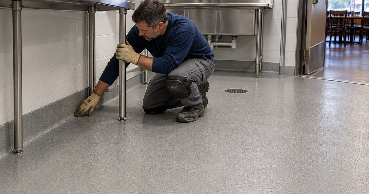 A seamless urethane cement floor carried four inches up the wall around the prep tables of a Brookfield restaurant kitchen.