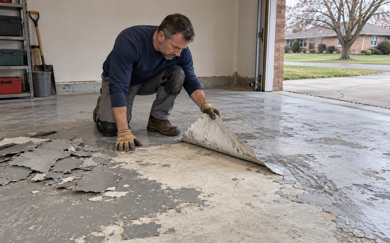 A failed garage coating peeled up in a sheet from a Brookfield slab, the bare concrete beneath it ready for repair.