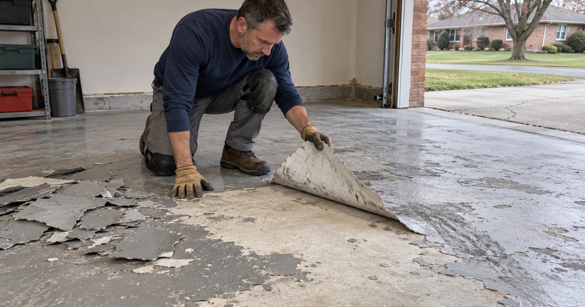 A failed garage coating peeled up in a sheet from a Brookfield slab, the bare concrete beneath it ready for repair.