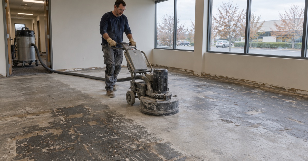A walk-behind planetary grinder opening up a sealed slab in a Brookfield light-industrial building before coating.