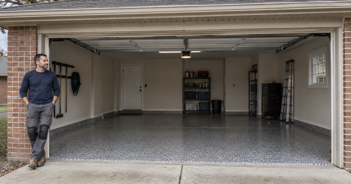 A finished charcoal flake floor in the attached garage of a Brookfield brick ranch, its installer leaning in the doorway.