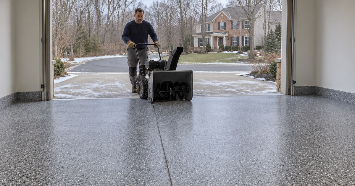A snowblower wheeled back onto a salt-resistant gray flake floor in the attached garage of a Brookfield colonial on a winter afternoon.