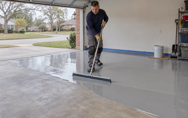 Base coat squeegeed across a freshly ground garage slab in a Brookfield ranch house, the coated half glossy behind the worker.