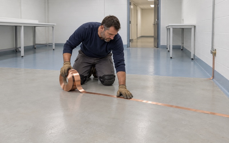 Copper grounding strip laid on a primed floor before the static-dissipative coat in a Brookfield electronics room.