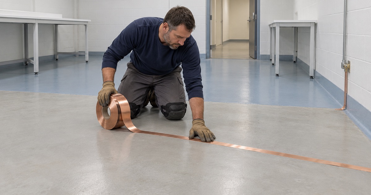 Copper grounding strip laid on a primed floor before the static-dissipative coat in a Brookfield electronics room.