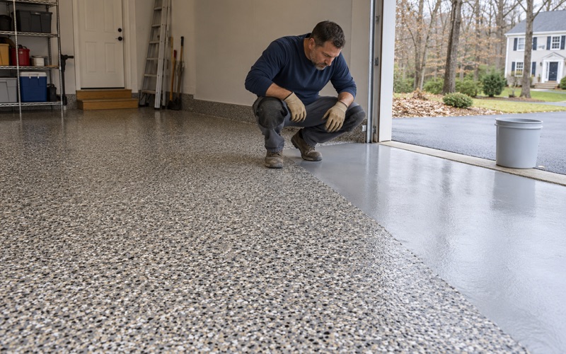 A full flake broadcast settled into the base coat of a Brookfield garage, its installer checking coverage at the working edge.