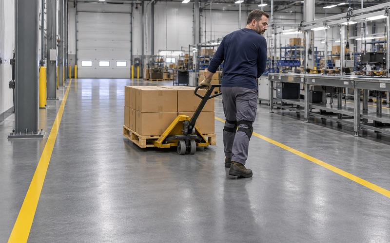 A pallet jack hauled across the heavy urethane cement aisle of a Brookfield tool maker's assembly plant.