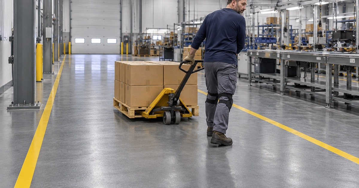 A pallet jack hauled across the heavy urethane cement aisle of a Brookfield tool maker’s assembly plant.