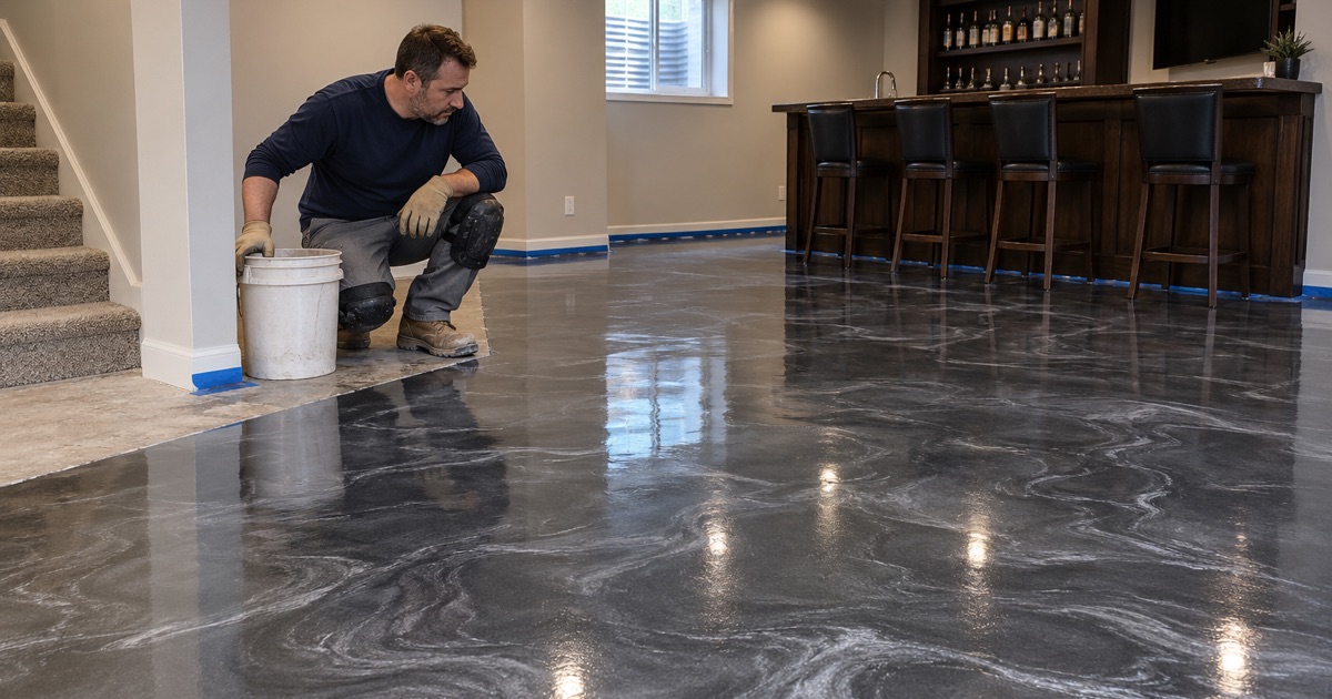 A fresh metallic epoxy pour in pearl and charcoal across the basement bar of a Brookfield home.