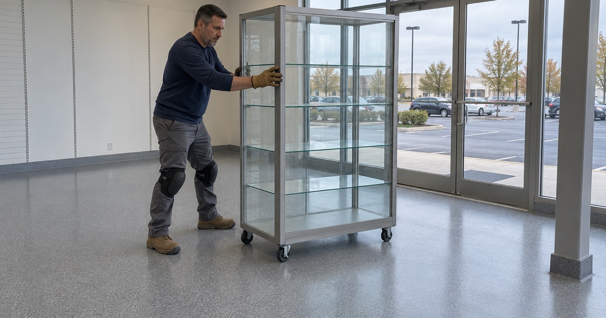 A wheeled display case rolled back onto a new quartz-textured floor in a Bluemound Road retail space in Brookfield.