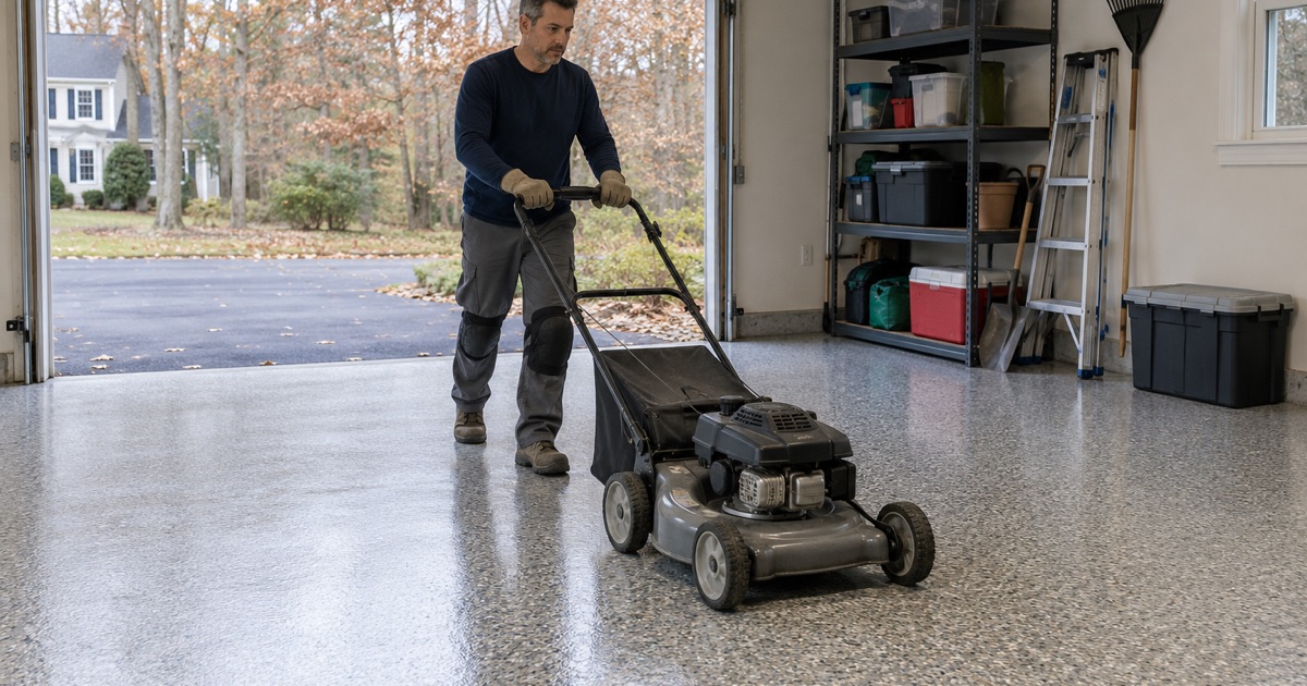 A lawn mower rolled back into a Brookfield garage the same day its polyaspartic flake floor was laid.