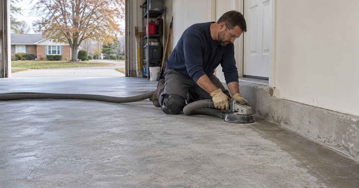 An edge grinder opening the concrete along the wall of a Brookfield garage, where the walk-behind machine cannot reach.